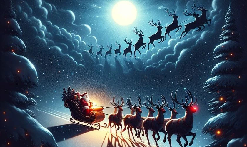 Hình ảnh ông già Noel đang đi trên mái nhà trong đêm tối