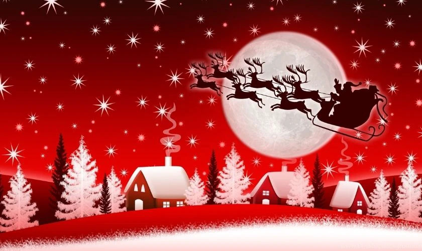 Hình ảnh ông già Noel ngồi trên xe trượt tuyết được kéo bởi bầy tuần lộc