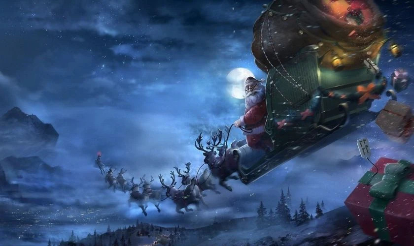 Hình ảnh ông già Noel với túi quà đứng trong đêm tuyết