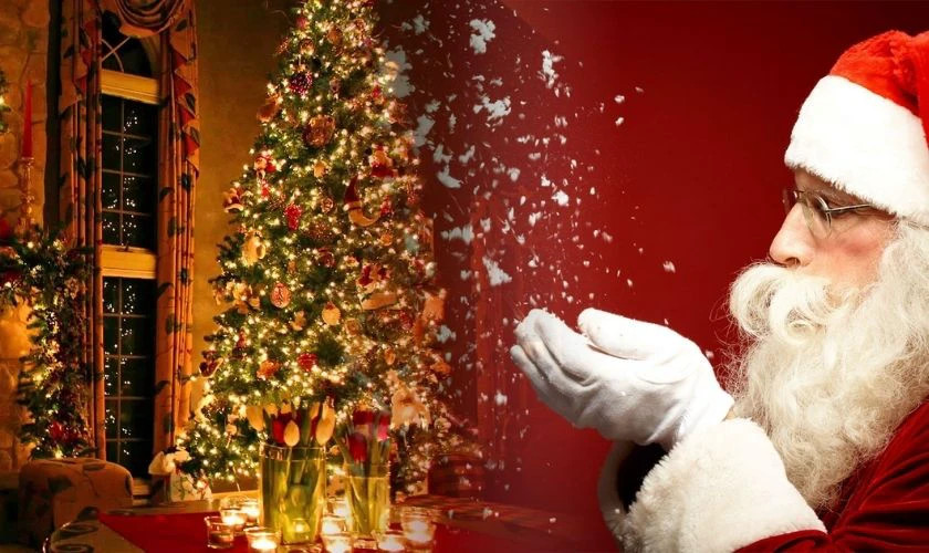 Hình ảnh ông già Noel với túi quà lớn trên vai trong khung cảnh tuyết rơi
