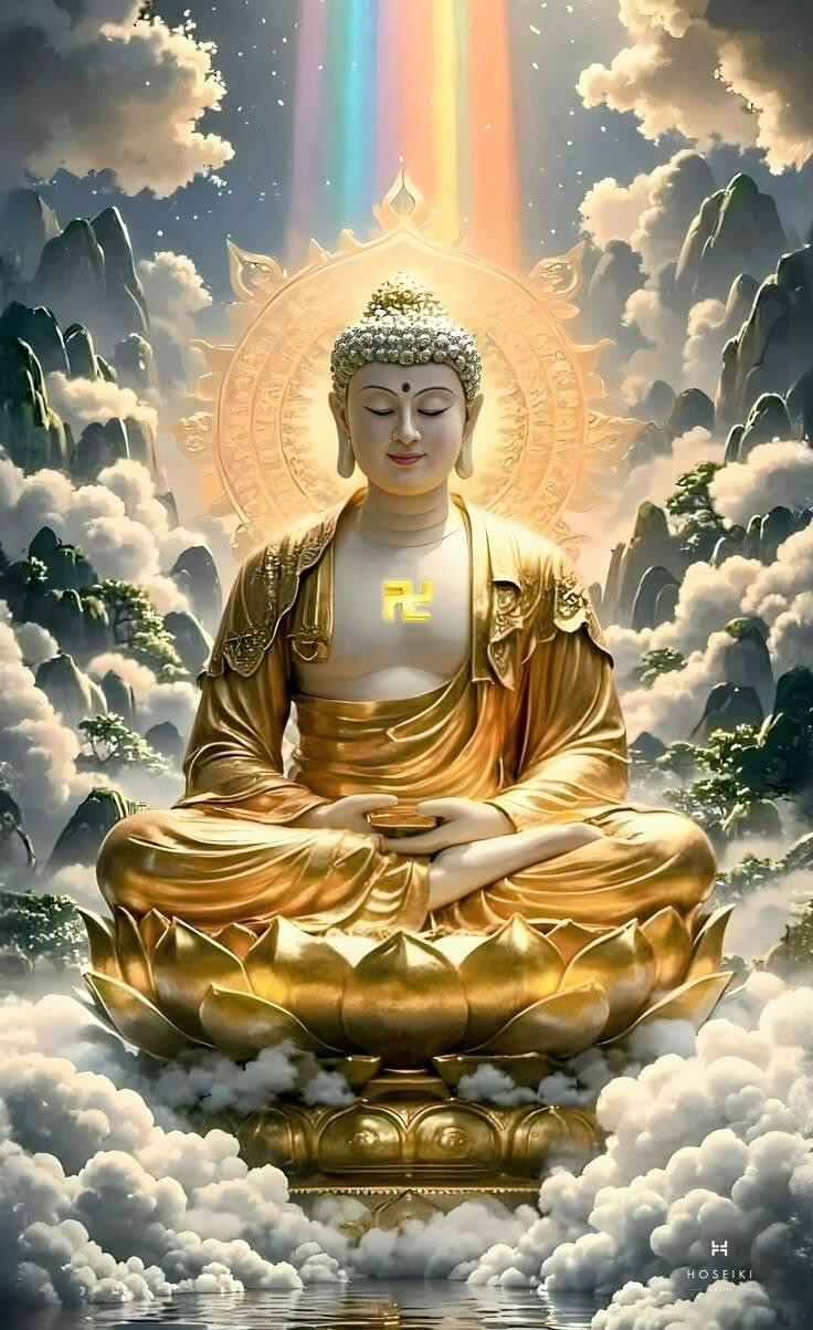 Hình ảnh Phật 3D với tông màu vàng ấm áp và ánh sáng dịu nhẹ