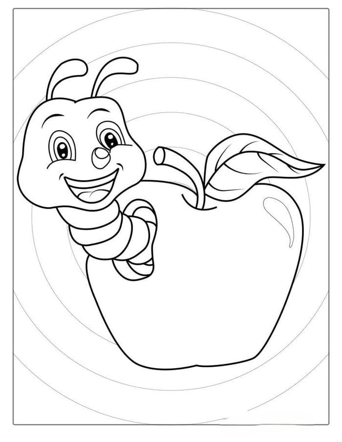 hình ảnh quả táo tô màu có chú sâu nhỏ ngộ nghĩnh