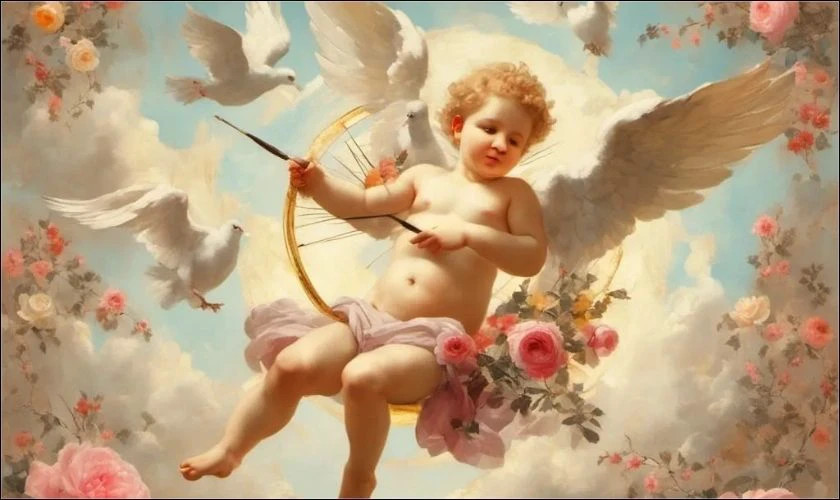 Hình ảnh thần Cupid với trái tim và cung tên
