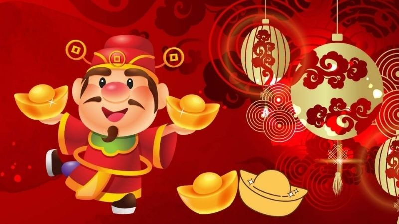 Hình ảnh Thần Tài phúc hậu ngồi giữa kim ngân