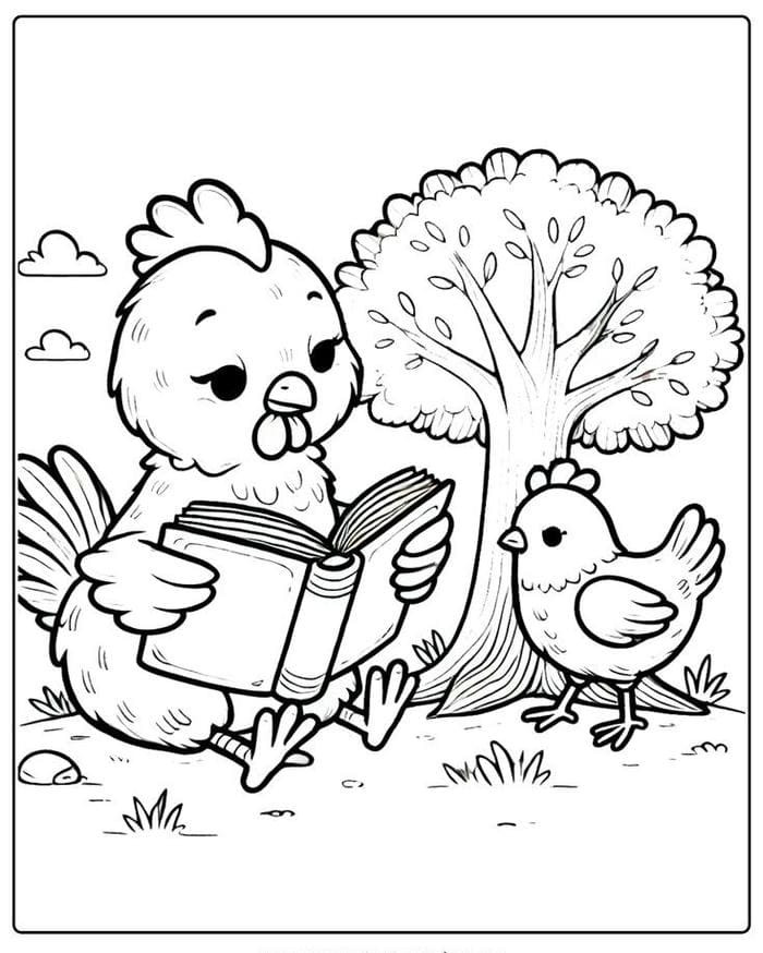 Hình ảnh tô màu chú gà trống ngộ nghĩnh đang ngồi đọc sách
