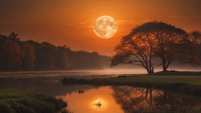 Hình ảnh trăng mùa thu trên cảnh cây đổi màu