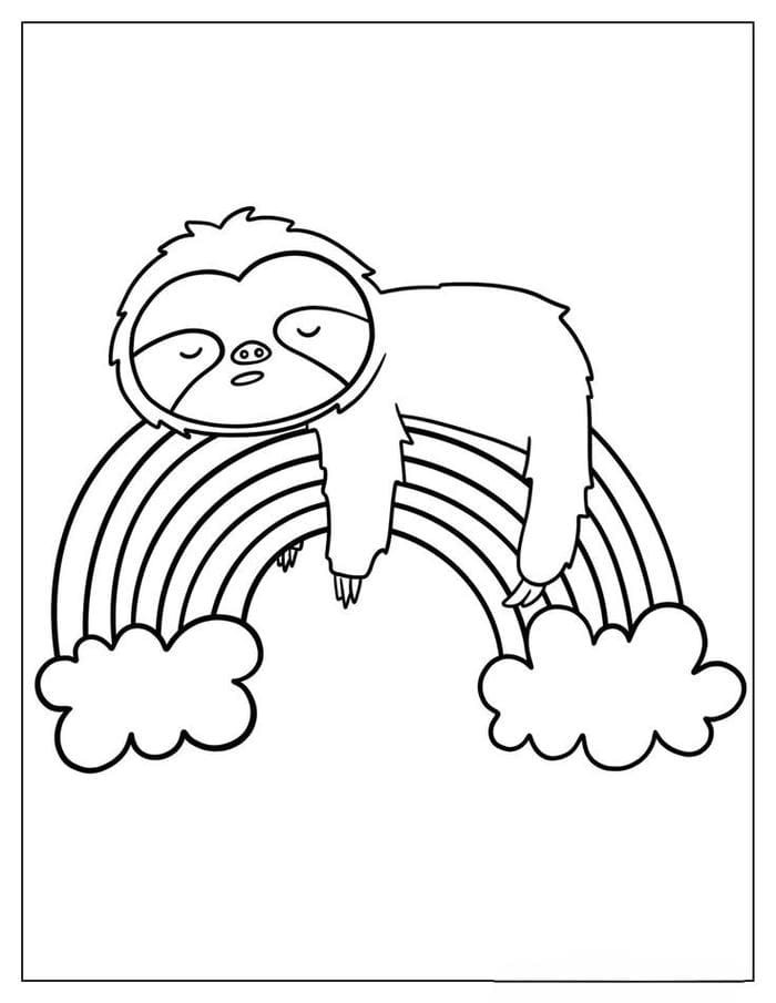 Hình ảnh tranh tô màu cầu vồng và con lười đáng yêu