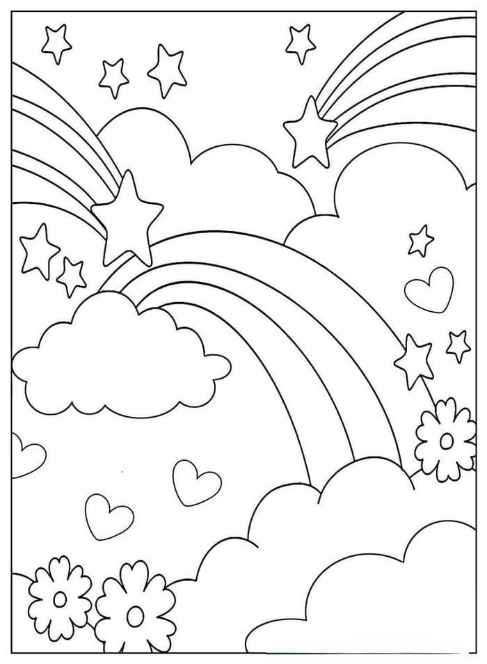 Hình ảnh tranh tô màu cầu vồng và ngôi sao trên trời