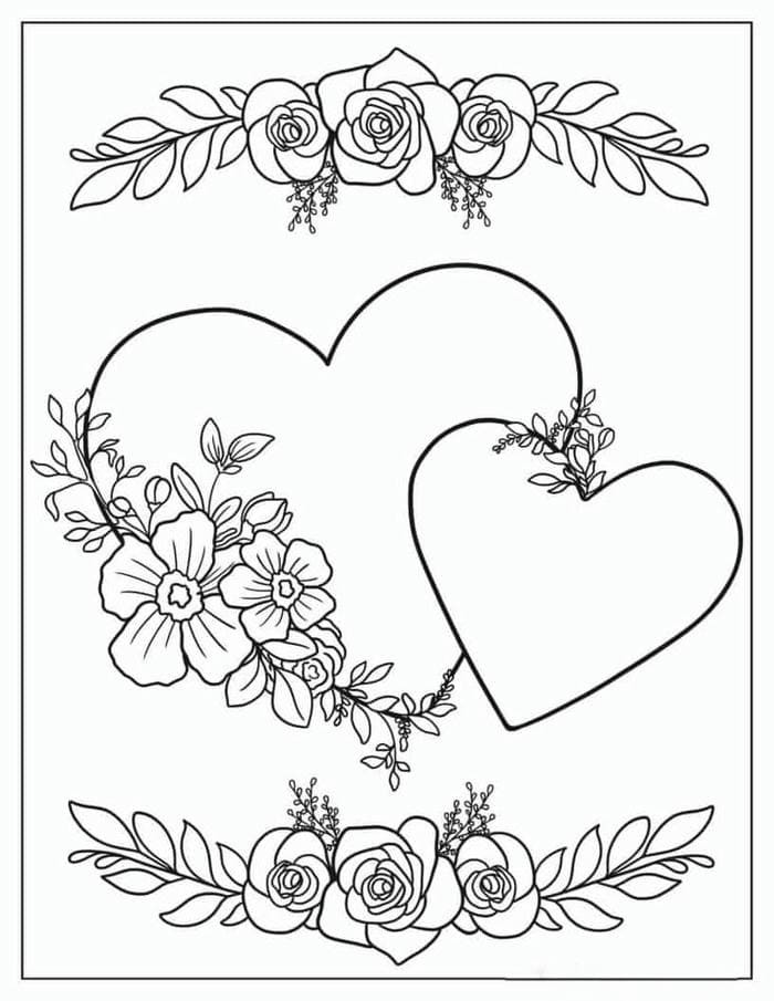 Hình ảnh tranh tô màu trái tim kết hợp với họa tiết hoa lá