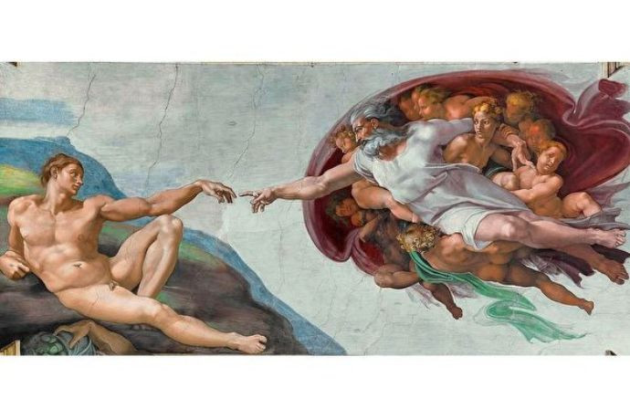 Hình ảnh trung tâm Bức tranh Chúa tạo ra Adam, thể hiện khoảnh khắc thiêng liêng Chúa truyền sự sống cho con người.