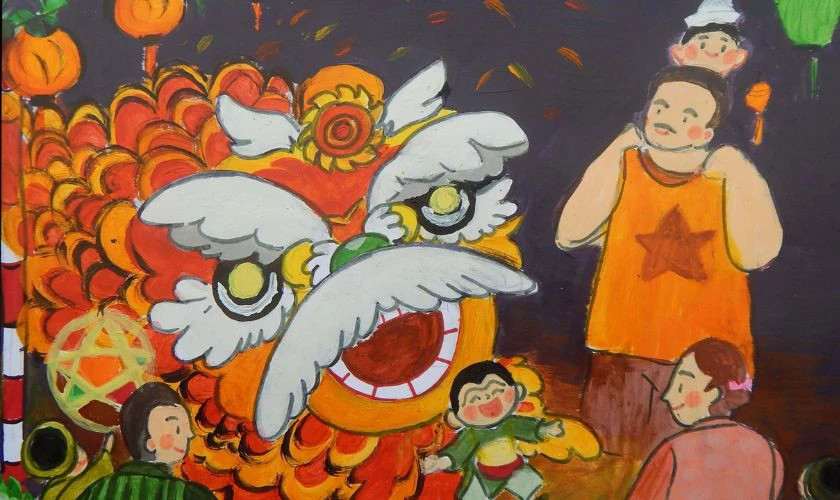 Hình ảnh vẽ cả gia đình cùng nhau ngắm trăng và vui chơi ngày Rằm tháng Tám