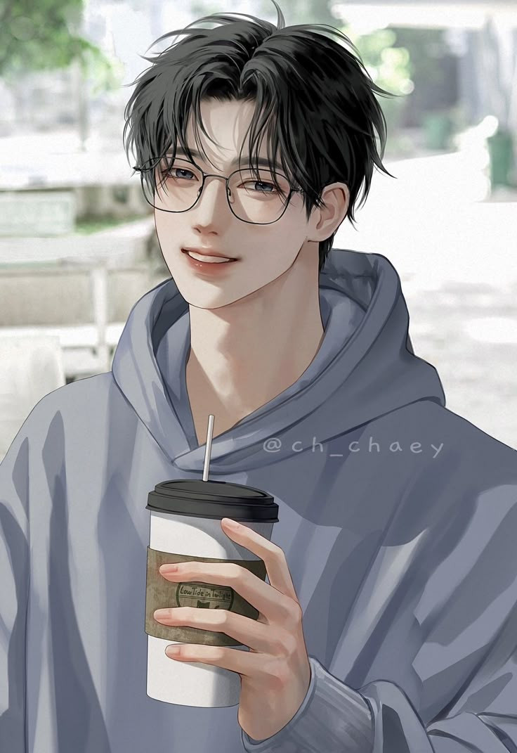 Hình anime nam đeo kính ngồi cafe một mình