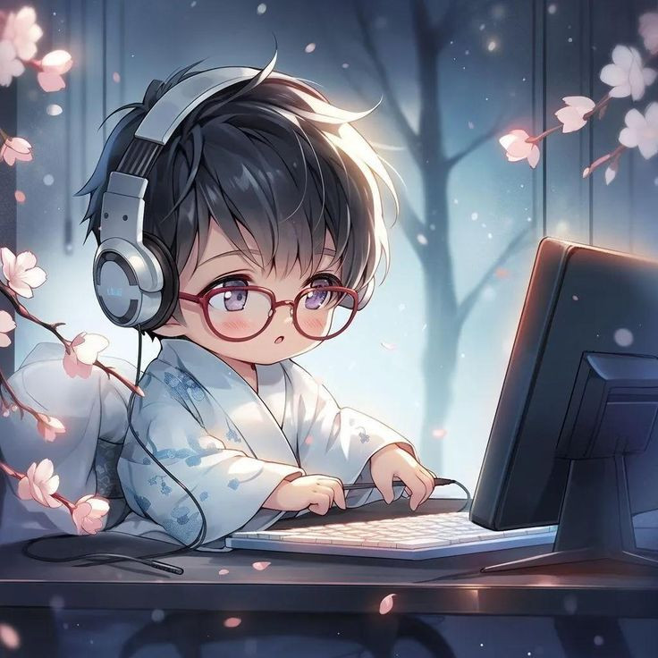 Hình chibi bé trai đeo kính chăm chú học bài