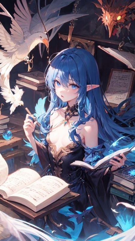 Hình cô nàng Anime đang đọc sách cùng những chú chim kỳ lạ