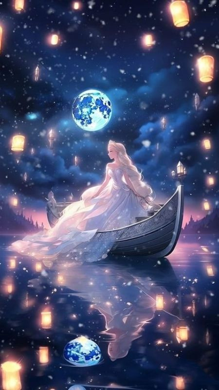 Hình cô nàng trên chiếc thuyền lộng lẫy và tràn ngập ánh đèn