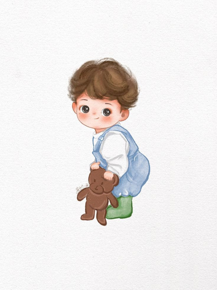 Hình em bé trai chibi cầm gấu bông