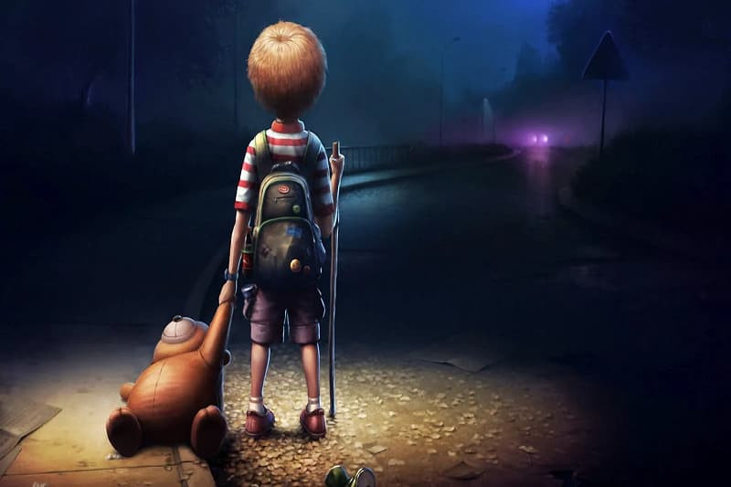 Hình hoạt hình buồn của nhân vật ngồi trên cầu dưới trời tối