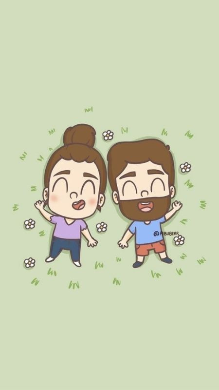 Hình hoạt hình couple cùng nắm tay nhau nằm trên cỏ, ngửi mùi thơm của hoa và tận hưởng sự hạnh phúc