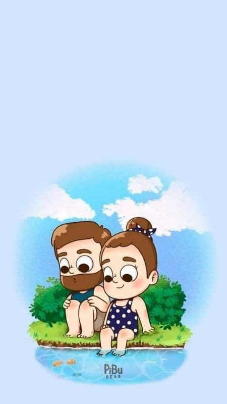 Hình hoạt hình đi tắm biển vui vẻ, đáng yêu của couple chibi