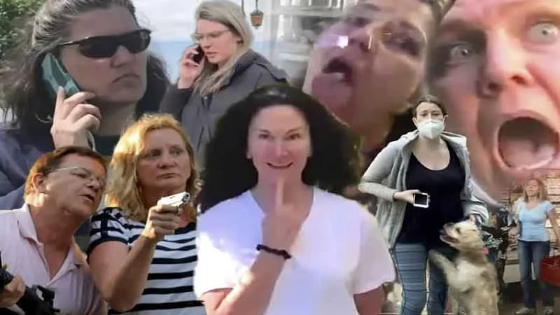 Hình minh họa cảnh một người phụ nữ Karen tranh cãi gay gắt với nhân viên dịch vụ.