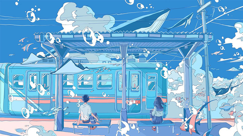 Hình nền anime cô gái tóc xanh dương nhìn ra biển