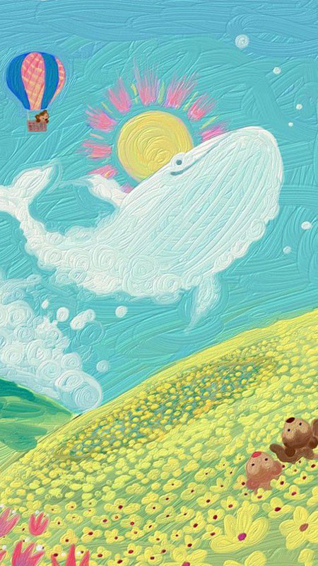 Hình nền cute vẽ tay phong cách sơn mài, nhân vật ngộ nghĩnh