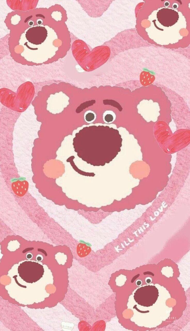 Hình nền gấu dâu dễ thương với nhiều dâu tây nhỏ