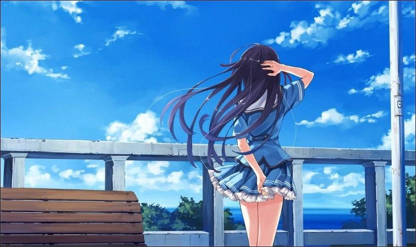 Hình nền màu xanh dương anime cô gái đứng ngắm cảnh
