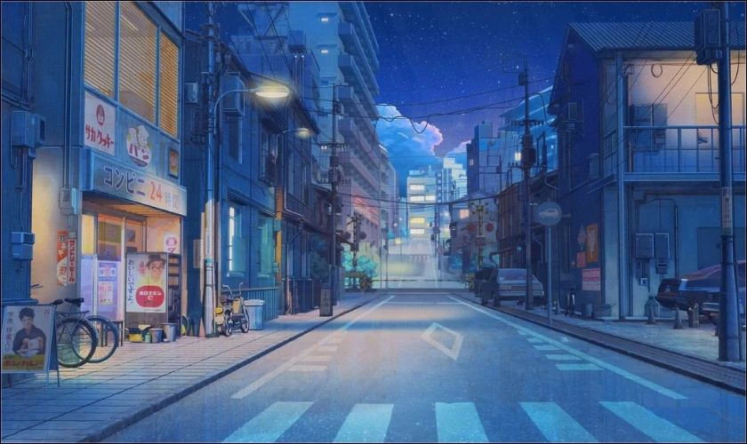 Hình nền màu xanh dương anime yên tĩnh với phong cảnh