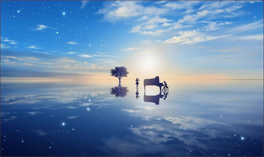 Hình nền màu xanh dương đẹp cùng đàn piano