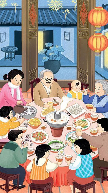 Hình nền Tết vẽ cute các biểu tượng ngày Tết