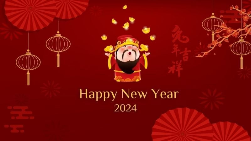 Hình nền Thần Tài đứng cạnh cây tiền với trang phục truyền thống