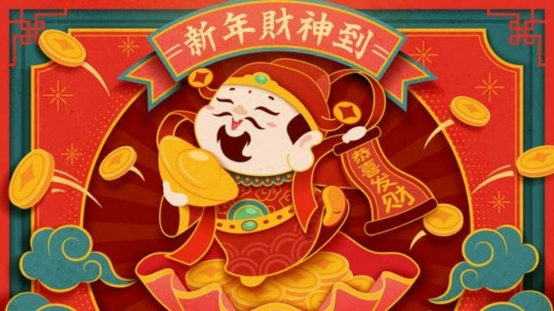 Hình nền Thần Tài đứng giữa tiền vàng và chữ Phúc Lộc Thọ