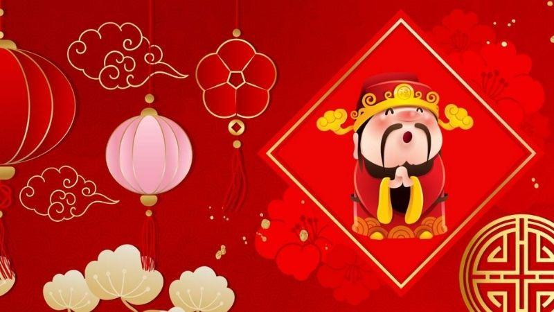 Hình nền Thần Tài đứng giữa trời mây và kim ngân