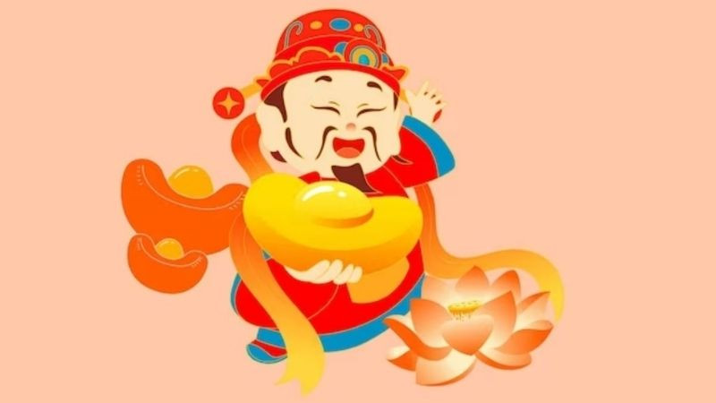 Hình nền Thần Tài ngồi giữa bầu trời với tiền vàng rơi xuống