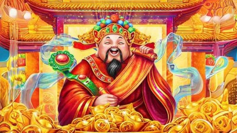 Hình nền Thần Tài ngồi trên đồng tiền lớn với nụ cười hiền từ