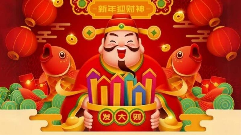 Hình nền Thần Tài ngồi trên đồng tiền với vẻ mặt vui vẻ