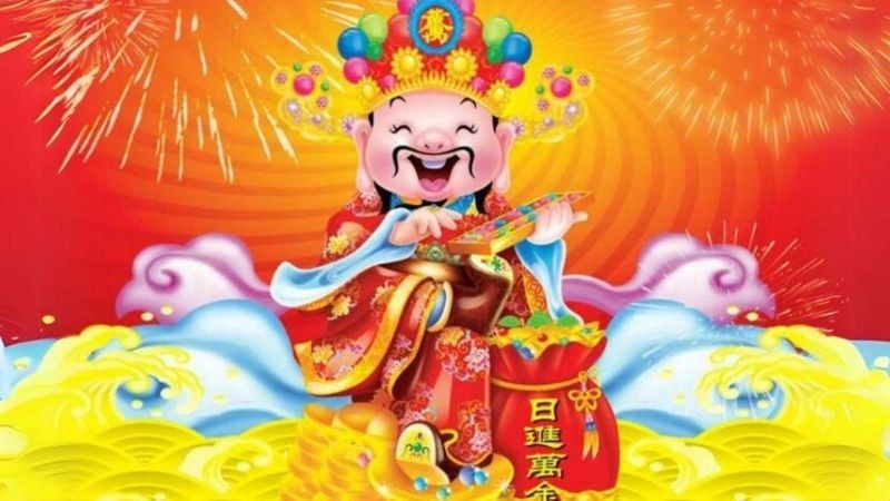 Hình nền Thần Tài tay cầm thỏi vàng và gậy như ý