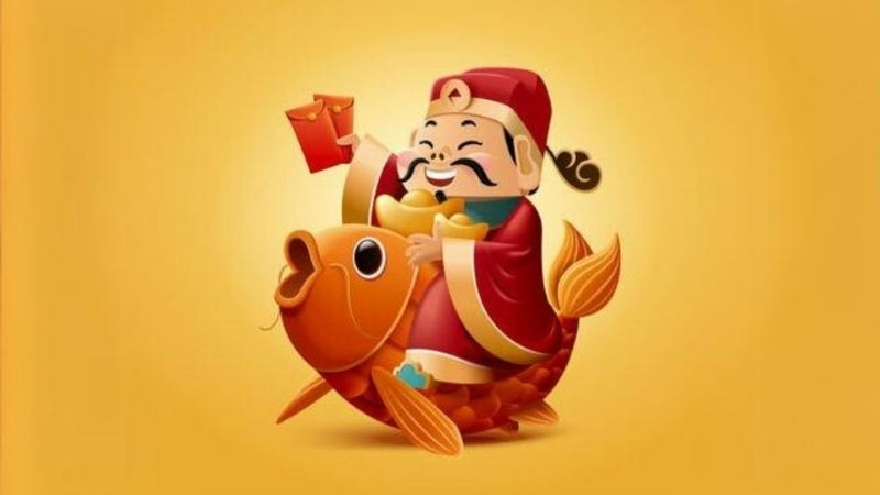 Hình nền Thần Tài với nụ cười phúc hậu và tiền vàng