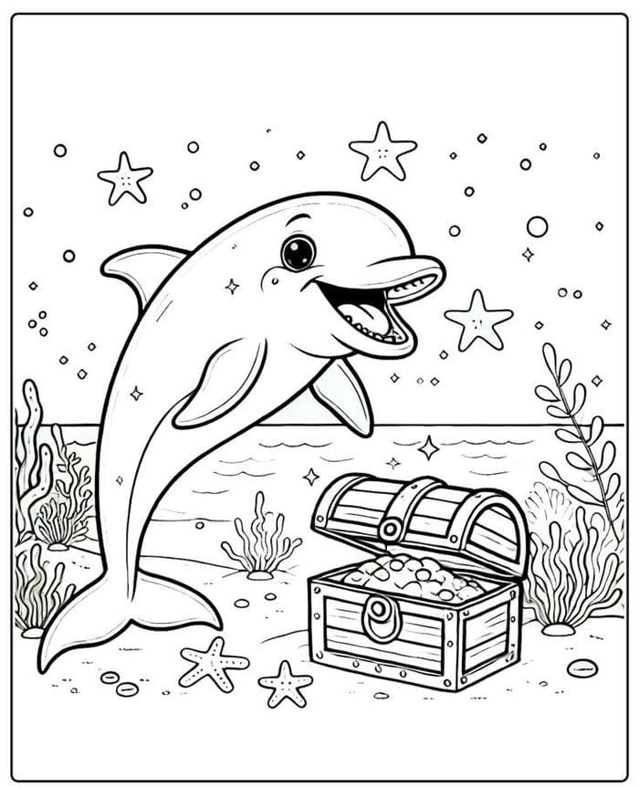 Hình tô màu cá heo khám phá rương kho báu dưới biển sâu