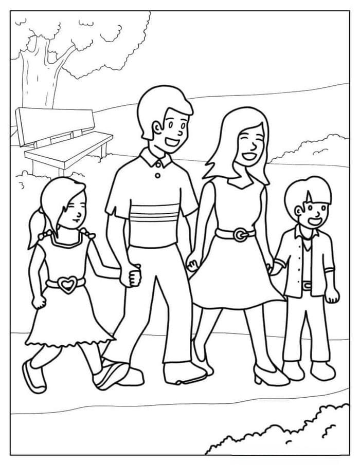 Hình tô màu cảnh gia đình cùng nhau đi dạo