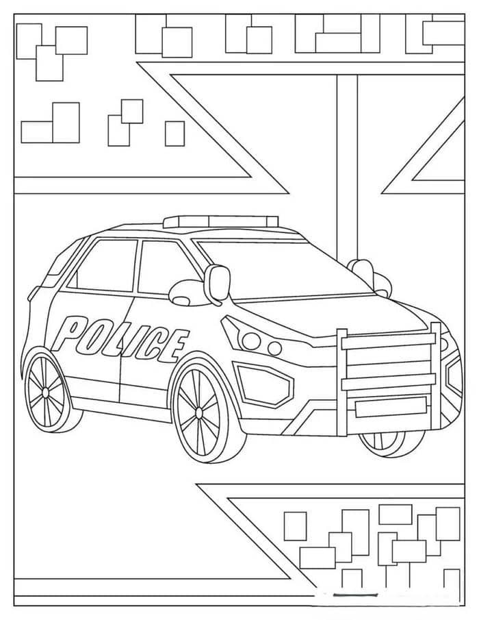 Hình tô màu xe cảnh sát với đèn còi và bánh xe chi tiết
