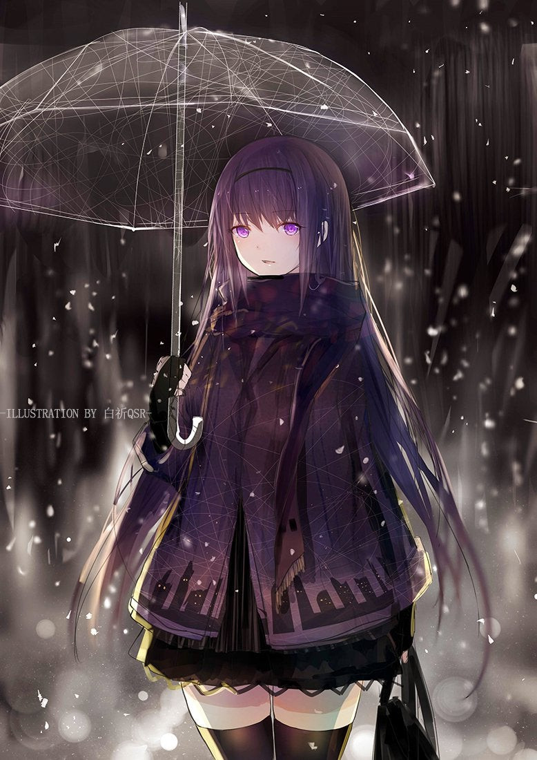 Hình vẽ cô gái anime cầm ô trong mưa, vẻ mặt trầm tư