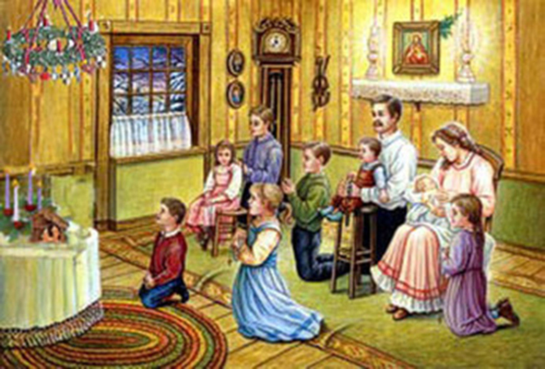 Hình vẽ gia đình Công giáo quây quần bên hang đá Giáng Sinh