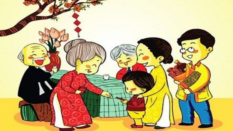 Hình vẽ minh họa cảnh ông bà vui vẻ lì xì cho các cháu nhỏ vào dịp Tết