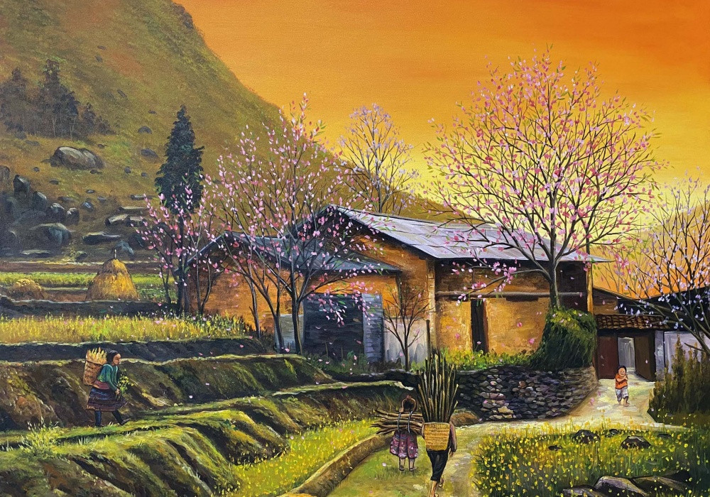 Hình vẽ mùa xuân trên vùng cao với gam màu tươi sáng