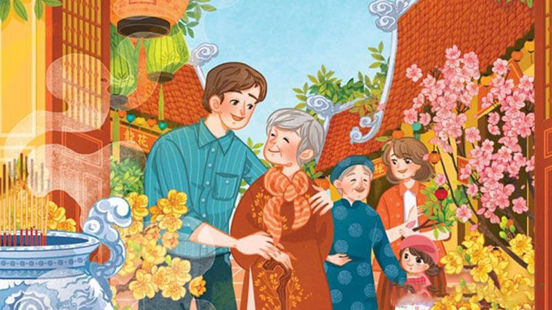 Hình vẽ Tết gia đình mộc mạc