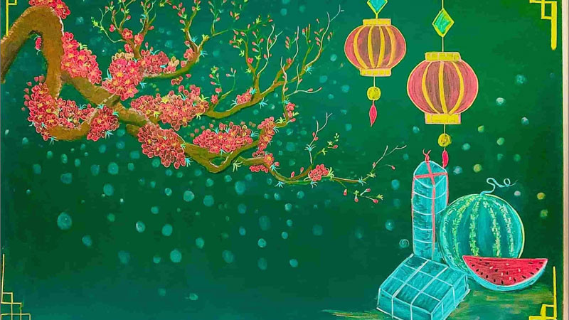 Hình vẽ Tết trên bảng bằng phấn màu