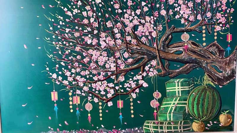 Hình vẽ Tết trên bảng cảnh gói bánh chưng