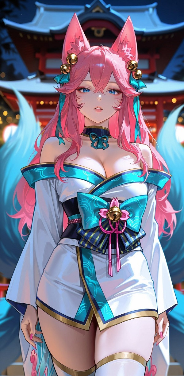 Hồ ly Ahri cosplay trong khung cảnh ban đêm đầy ma mị